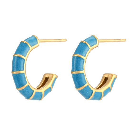 Blue Enamel Bamboo C Shape Hoop Huggie Earrings 18K Gold Plated Stainless